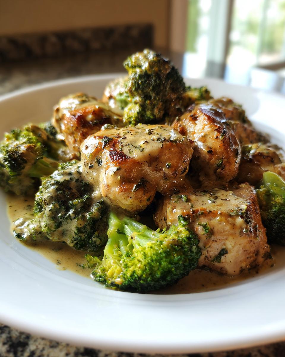 Seared chicken pieces covered in a creamy herb sauce served with bright green broccoli florets.