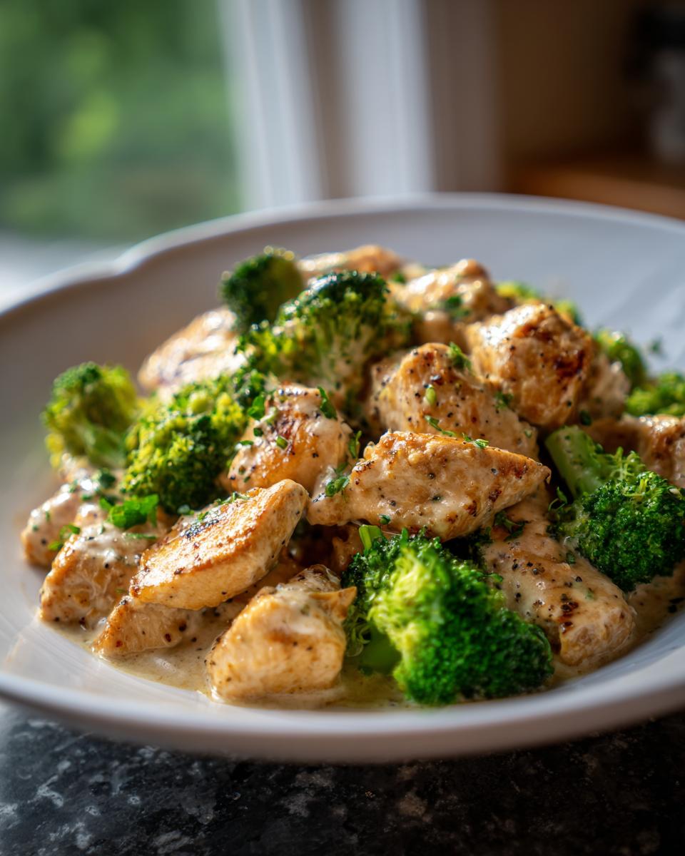 Close-up of seared chicken pieces and bright green broccoli florets coated in a creamy sauce, perfect for Family Friendly Low Carb Chicken.