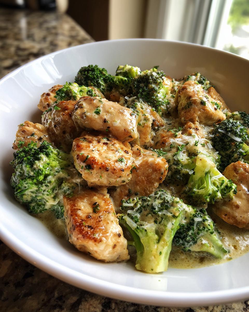 Close-up of pan-seared chicken pieces and bright green broccoli florets coated in a creamy sauce, perfect for Family Friendly Low Carb Chicken.
