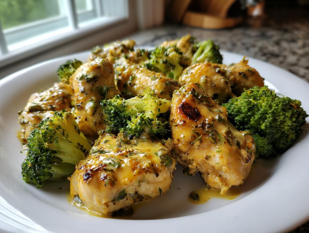 Close-up of creamy, cheesy Family Friendly Low Carb Chicken pieces served with bright green steamed broccoli florets on a white plate.