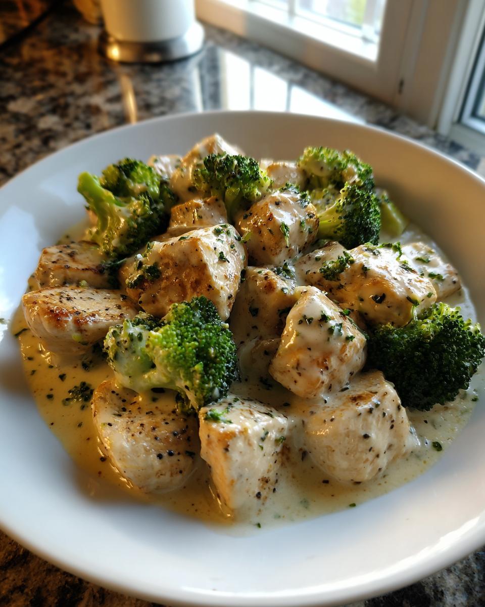 Close-up of cubed chicken pieces and bright green broccoli florets coated in a creamy, herb-flecked sauce, representing Family Friendly Low Carb Chicken.