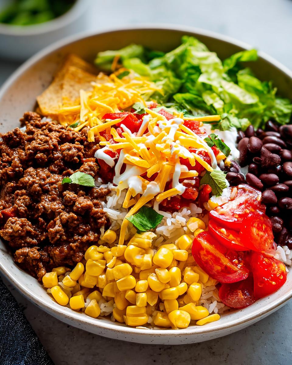 A vibrant Family Taco Dinner Bowl featuring seasoned ground beef, rice, corn, black beans, tomatoes, cheese, and sour cream.