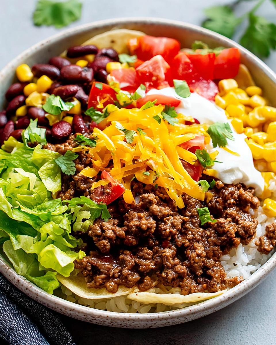 Close-up of a vibrant Family Taco Dinner Bowl featuring seasoned ground beef, rice, cheese, and fresh toppings.