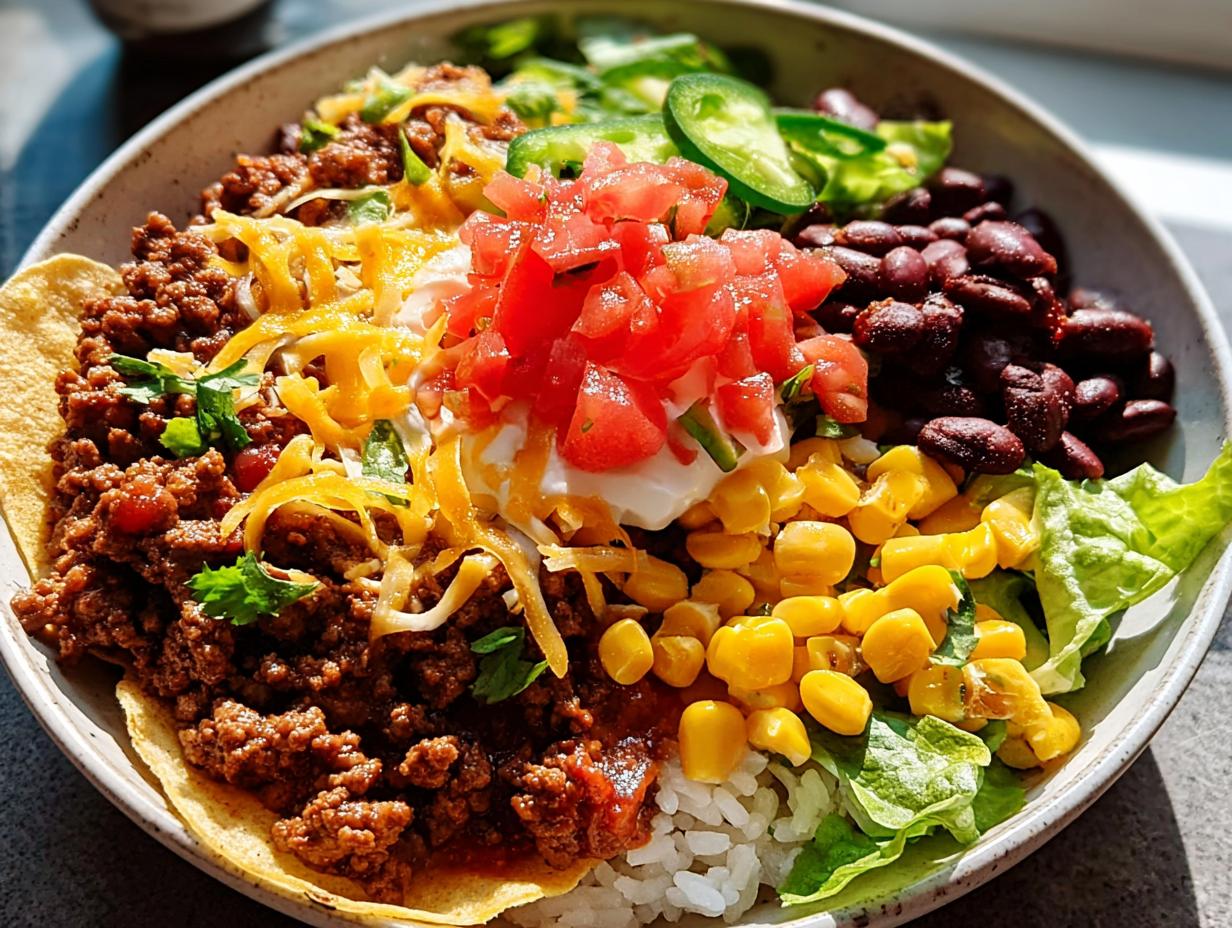 A vibrant and colorful Family Taco Dinner Bowl featuring seasoned ground beef, rice, cheese, corn, black beans, tomatoes, and sour cream.