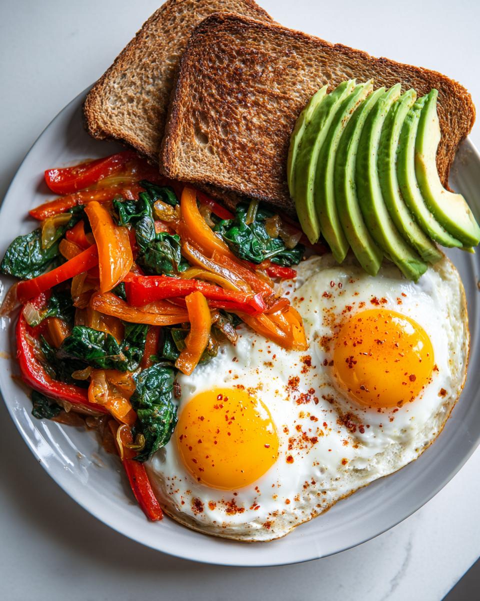 A plate showing a Filling Breakfast to Start the Day with two sunny-side-up eggs, sautéed peppers and spinach, sliced avocado, and whole-wheat toast.