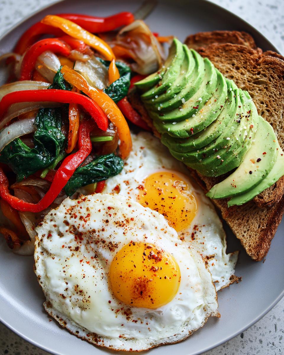 A plate featuring two sunny-side-up eggs, avocado toast, and sautéed peppers and spinach for a filling breakfast.