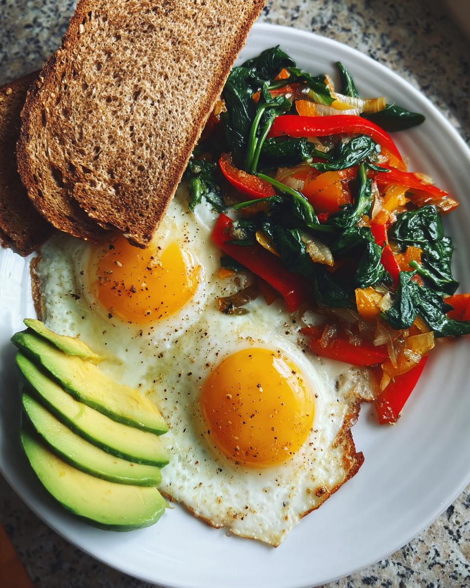 Plate featuring two sunny-side-up eggs, sliced avocado, sautéed peppers and spinach, and whole-wheat toast—a perfect Filling Breakfast to Start the Day.