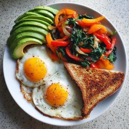A plate featuring two sunny-side-up eggs, sliced avocado, sautéed peppers and spinach, and toast—a perfect Filling Breakfast to Start the Day.
