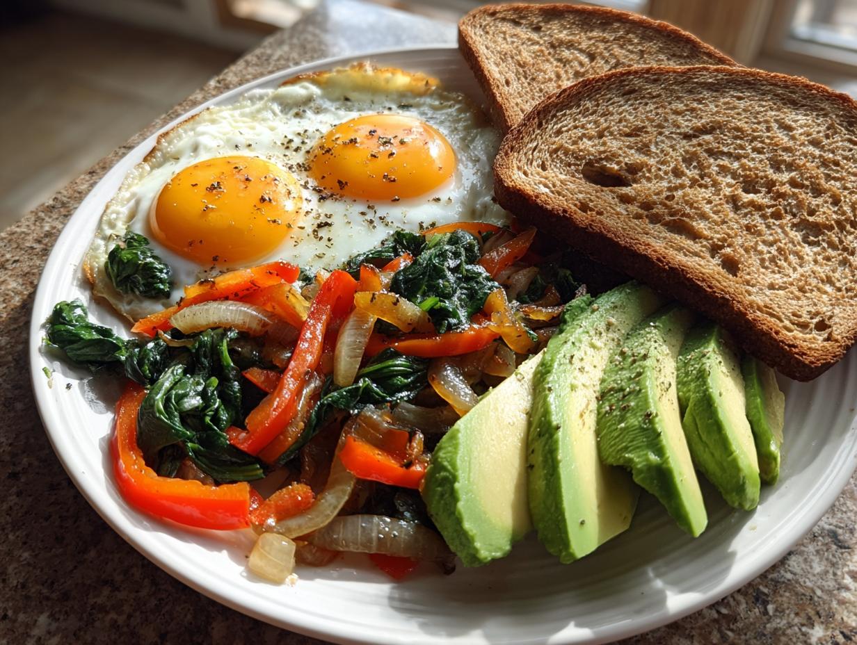 A plate featuring two sunny-side-up eggs, sautéed vegetables, sliced avocado, and whole-grain toast, a perfect Filling Breakfast to Start the Day.