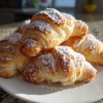 A pile of golden, flaky croissants dusted heavily with powdered sugar, representing an Authentic French Morning Treat.