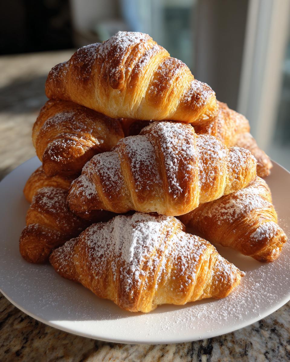 A stack of golden, flaky croissants dusted with powdered sugar, perfect for an Authentic French Morning Treat.