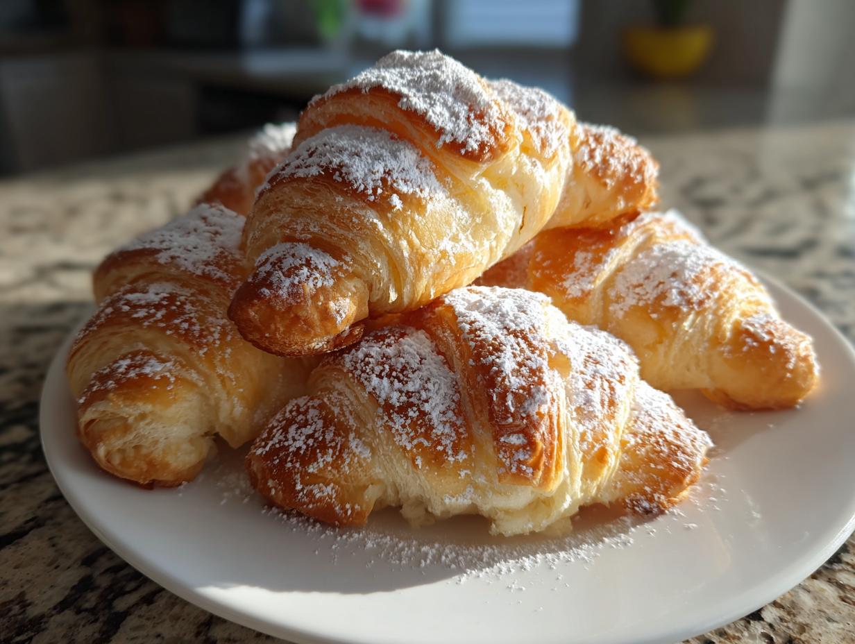 A pile of golden, flaky croissants dusted heavily with powdered sugar, representing an Authentic French Morning Treat.