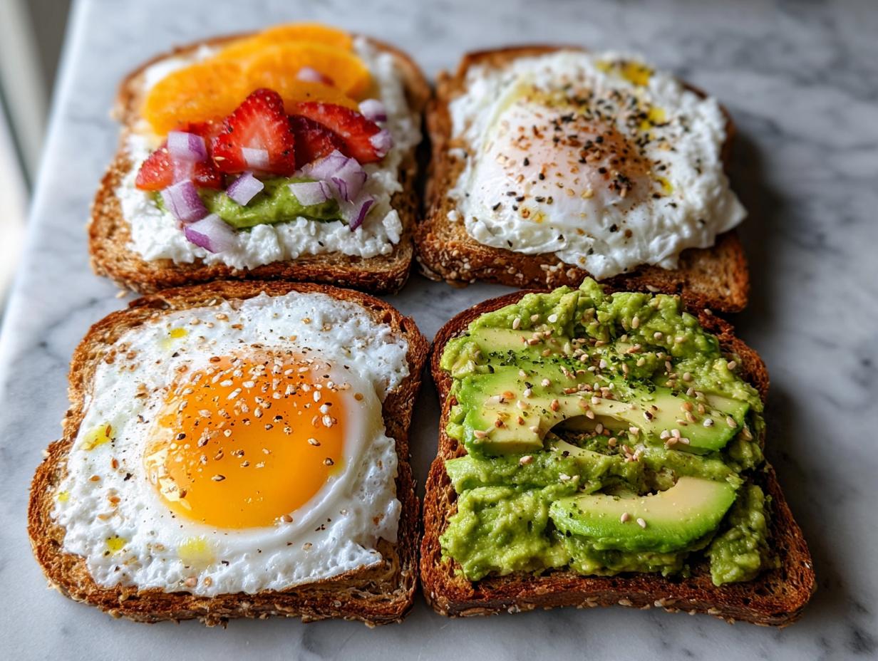 Four different slices of Simple Savory Breakfast Toast featuring eggs, avocado, and fruit toppings.