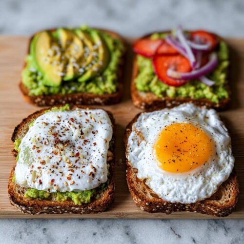 Four different pieces of Simple Savory Breakfast Toast on a wooden board, featuring avocado, eggs, and toppings.