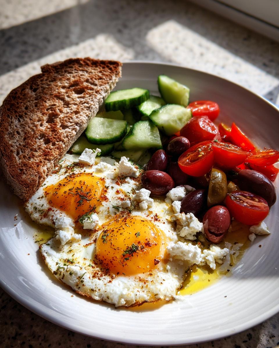 Two sunny-side-up eggs served with feta, olives, tomatoes, cucumber, and whole-grain toast for a Fresh & Healthy Mediterranean Breakfast.