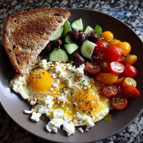 Two sunny-side-up eggs topped with feta cheese, served with cherry tomatoes, cucumbers, olives, and whole-wheat toast for a Fresh & Healthy Mediterranean Breakfast.