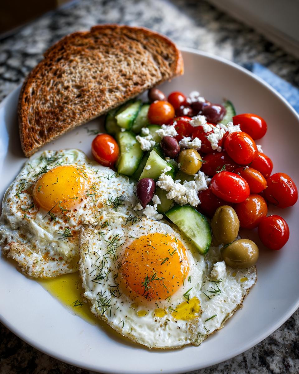 Two sunny-side-up eggs served alongside a Greek salad mix as part of a Fresh & Healthy Mediterranean Breakfast.