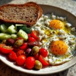A plate featuring a Fresh & Healthy Mediterranean Breakfast with fried eggs, feta cheese, olives, tomatoes, cucumber, and whole-grain toast.