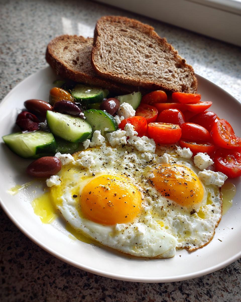 Two sunny-side up eggs served with tomatoes, cucumbers, olives, feta, and whole-grain toast for a Fresh & Healthy Mediterranean Breakfast.