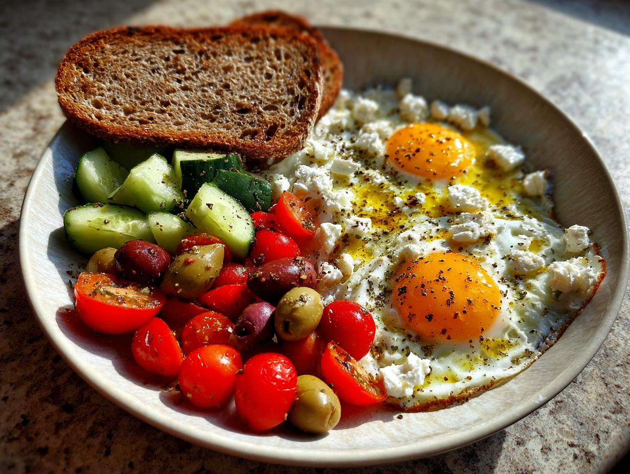A plate featuring a Fresh & Healthy Mediterranean Breakfast with fried eggs, feta cheese, olives, tomatoes, cucumber, and whole-grain toast.