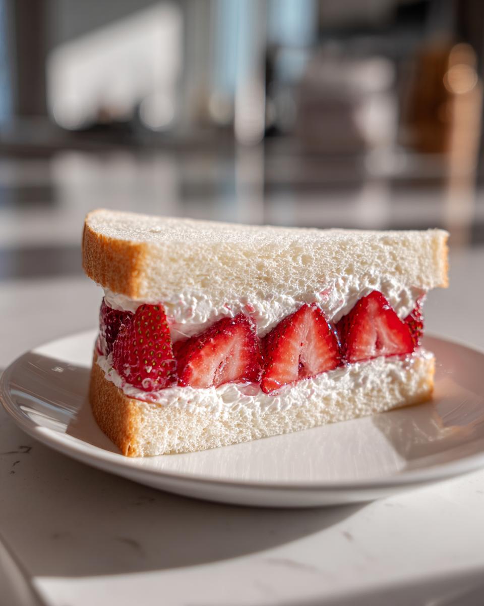 A close-up, sunlit view of a half-cut Fresh Strawberry Sando filled with whipped cream and sliced strawberries.