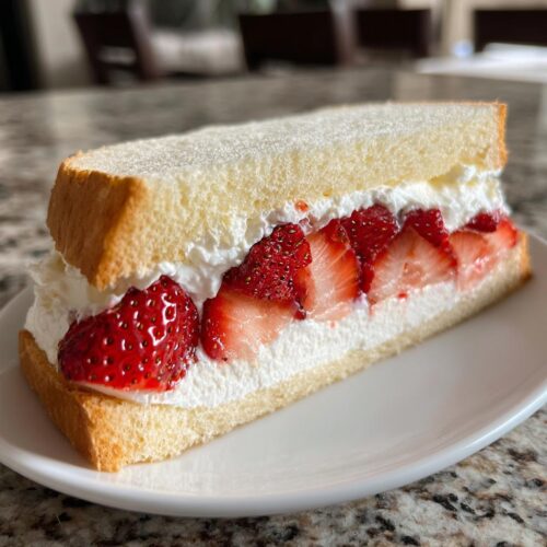 A cross-section view of a Fresh Strawberry Sando featuring thick white bread, whipped cream, and bright red sliced strawberries.