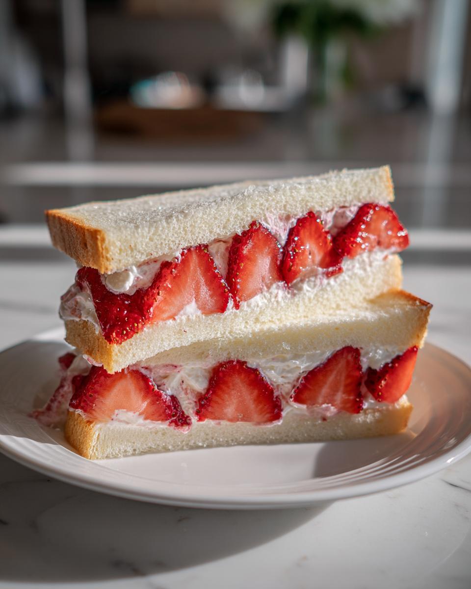 Two halves of a Fresh Strawberry Sando stacked on a white plate, showing thick layers of cream and sliced strawberries.
