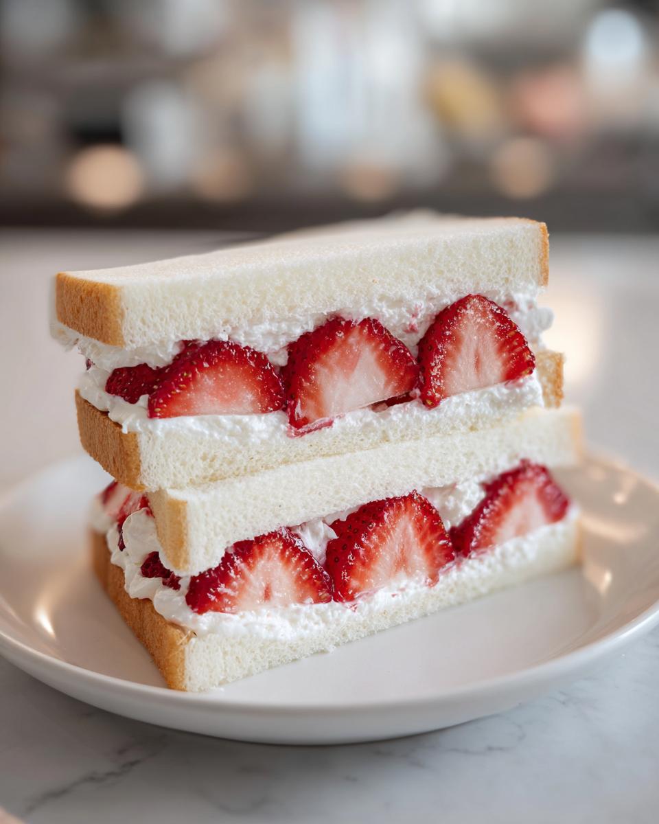 Two halves of a Fresh Strawberry Sando stacked on a white plate, showing thick layers of whipped cream and sliced strawberries.