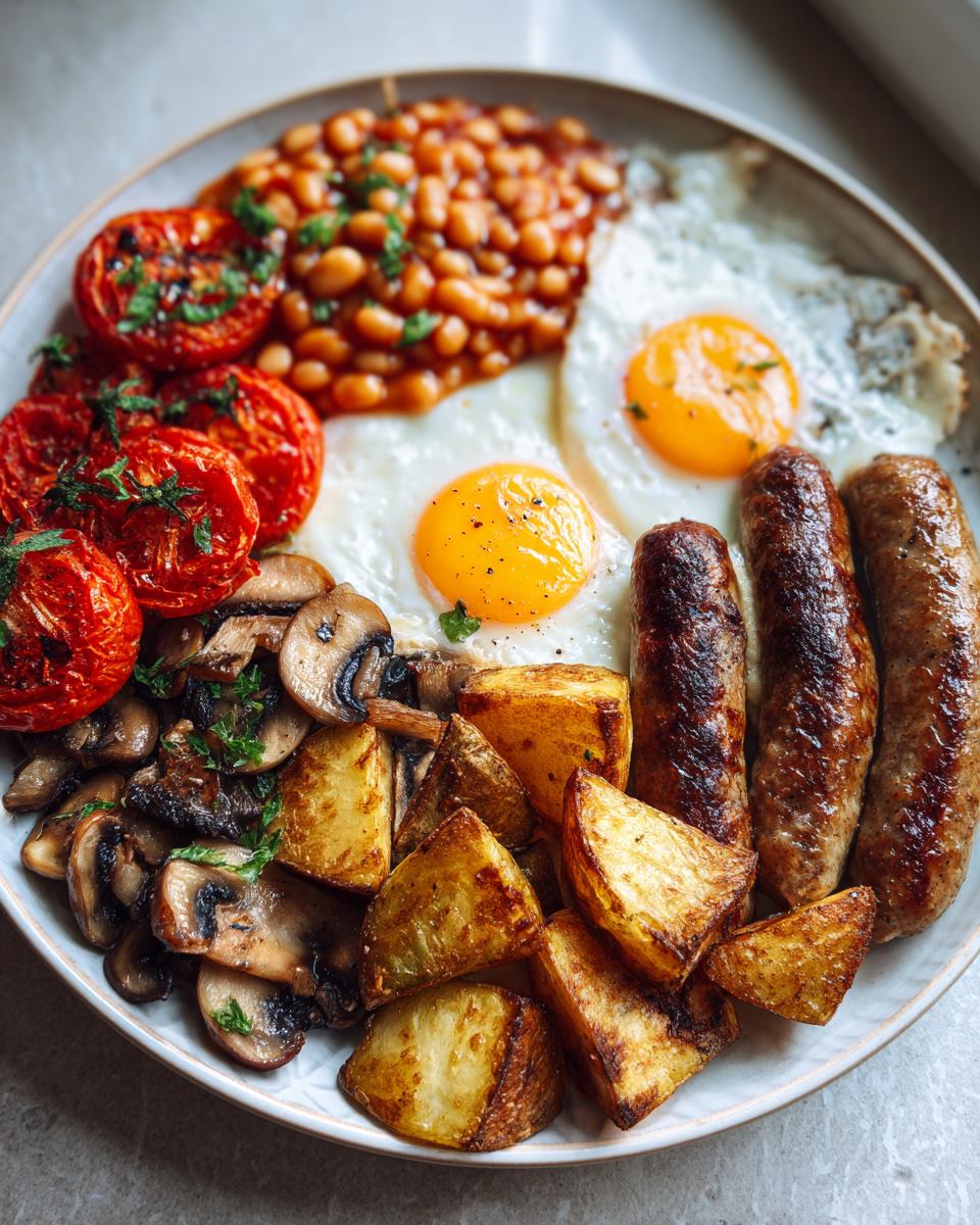 A full plate featuring components of a Brunch Plate Inspired by England: sausages, fried eggs, beans, tomatoes, mushrooms, and roasted potatoes.
