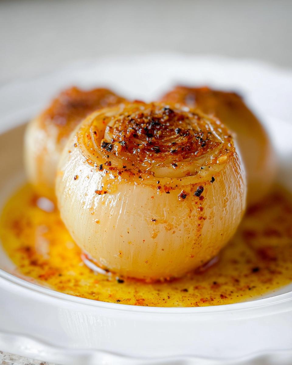 Close-up of a tender cooked onion, part of a Garlic Butter Onion Boil, sitting in rich, seasoned butter sauce.