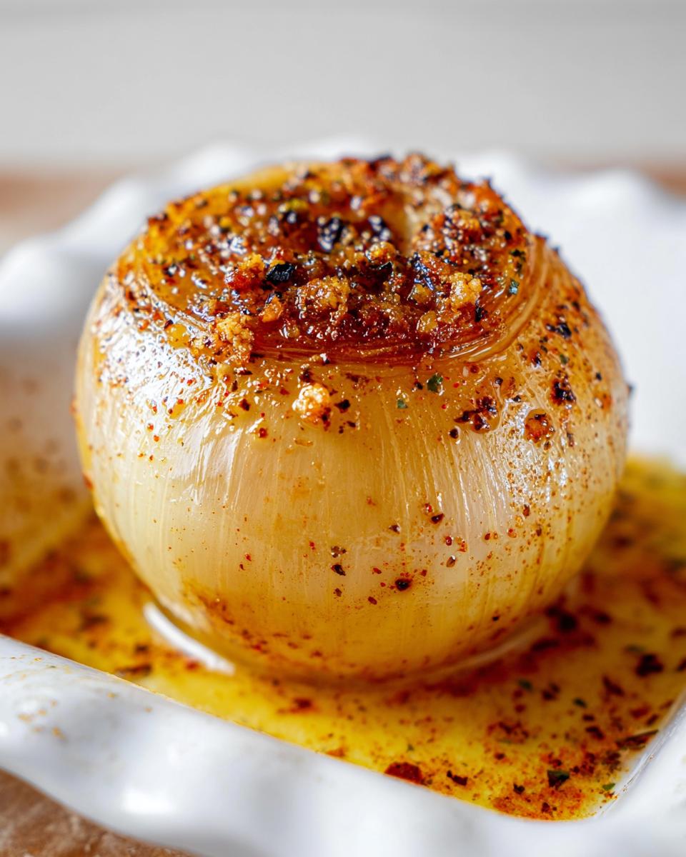 A single, whole onion cooked until tender, sitting in melted garlic butter, ready for a Garlic Butter Onion Boil.