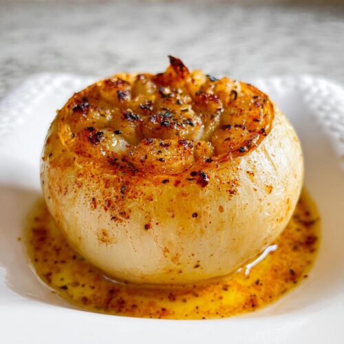 A whole, cooked onion served in a pool of seasoned garlic butter, ready for a Garlic Butter Onion Boil.