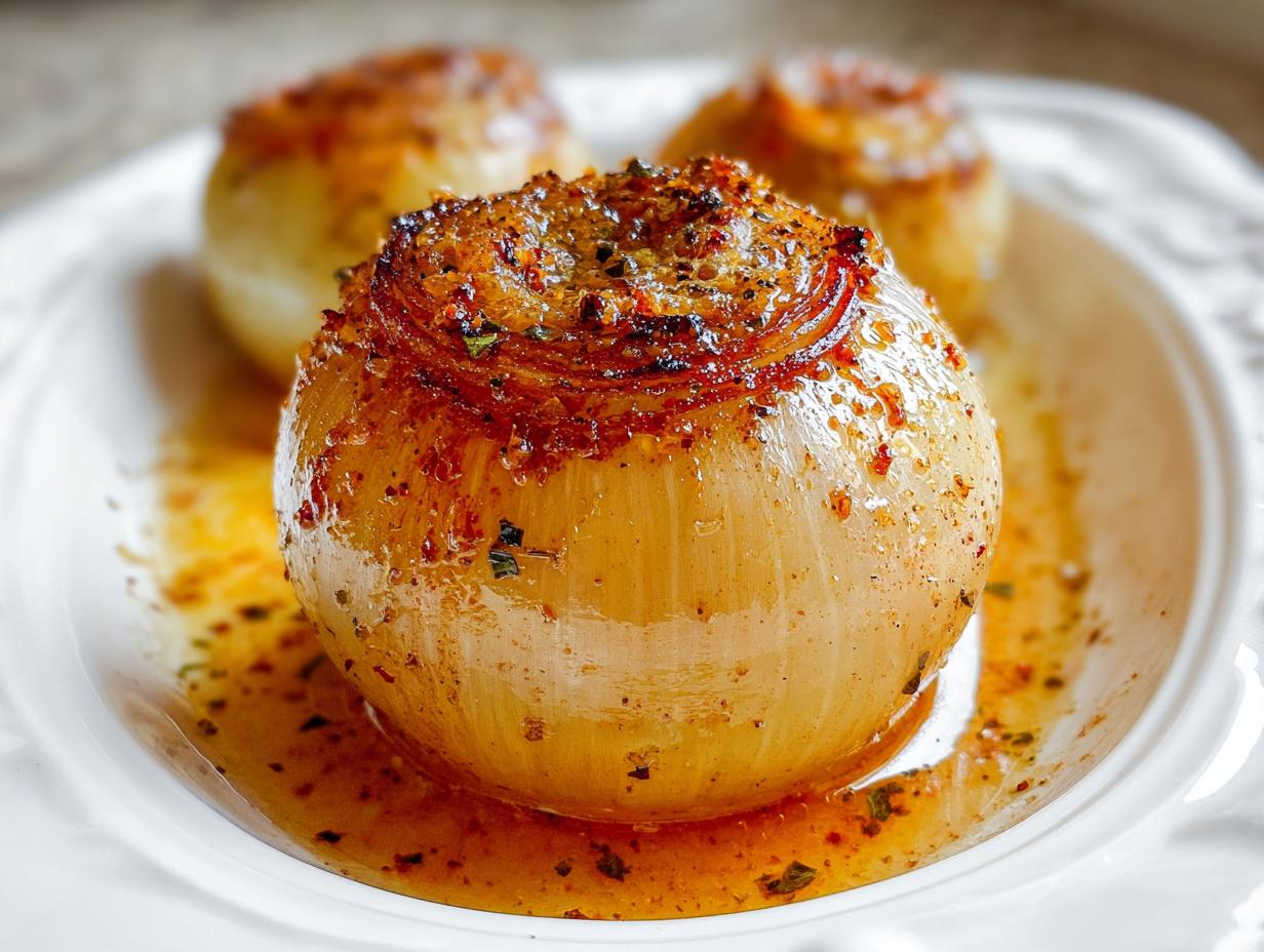 Close-up of a tender, whole onion cooked in a rich Garlic Butter Onion Boil sauce on a white plate.