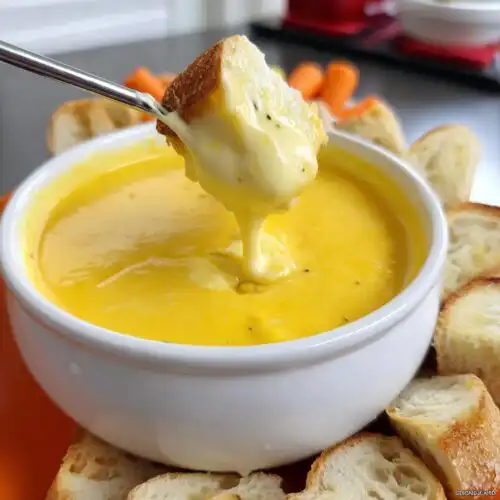 A piece of crusty bread being dipped into a bowl of rich, yellow Garlic Cheddar Cheese Fondue.