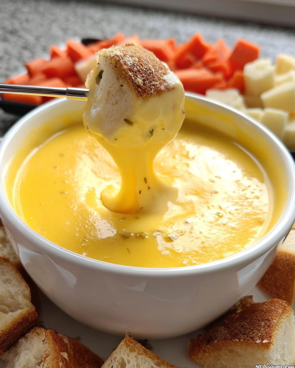 A piece of crusty bread is dipped into a bowl of smooth, yellow Garlic Cheddar Cheese Fondue using a fondue fork.
