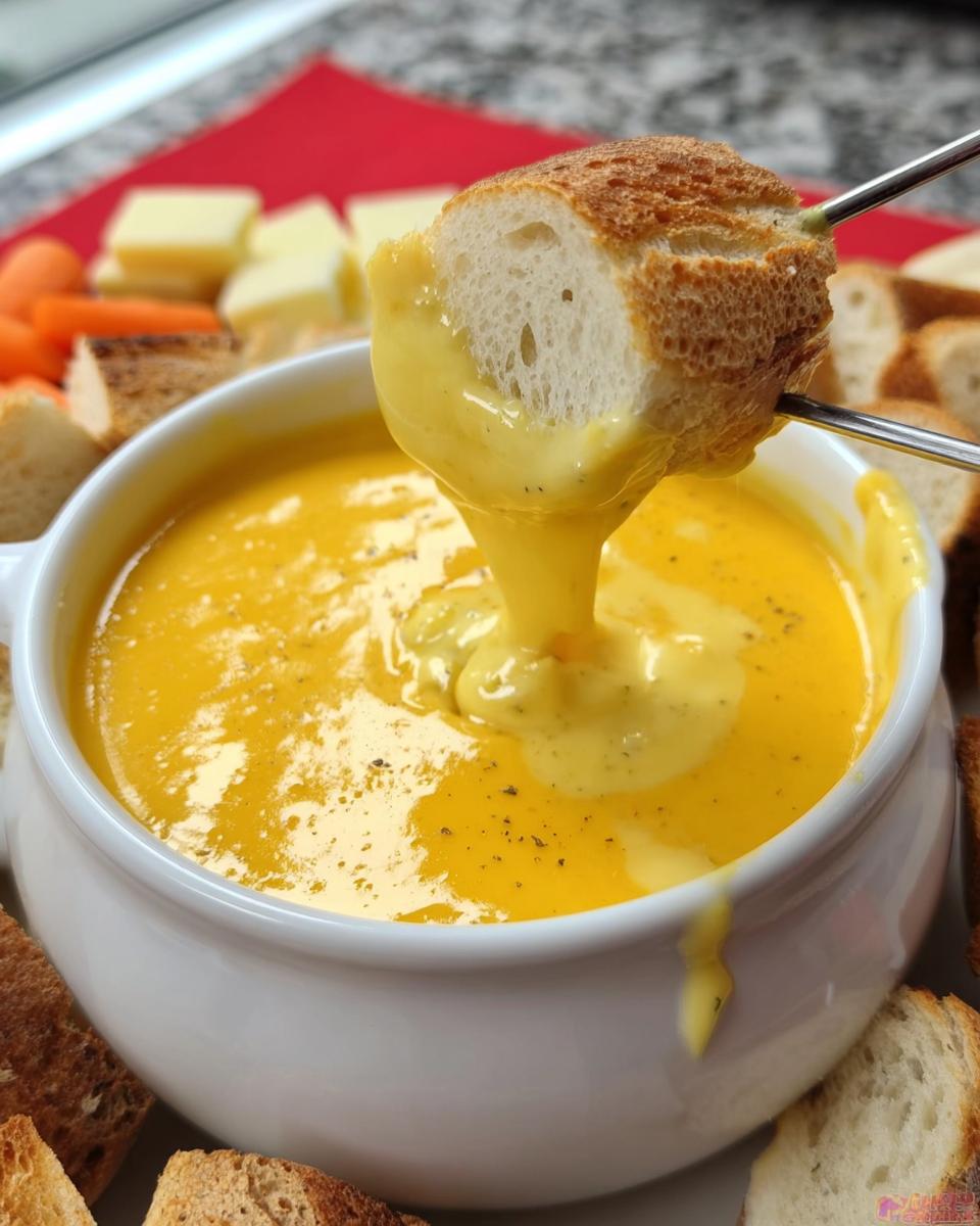 A piece of crusty bread being dipped into a white bowl of rich, yellow Garlic Cheddar Cheese Fondue.