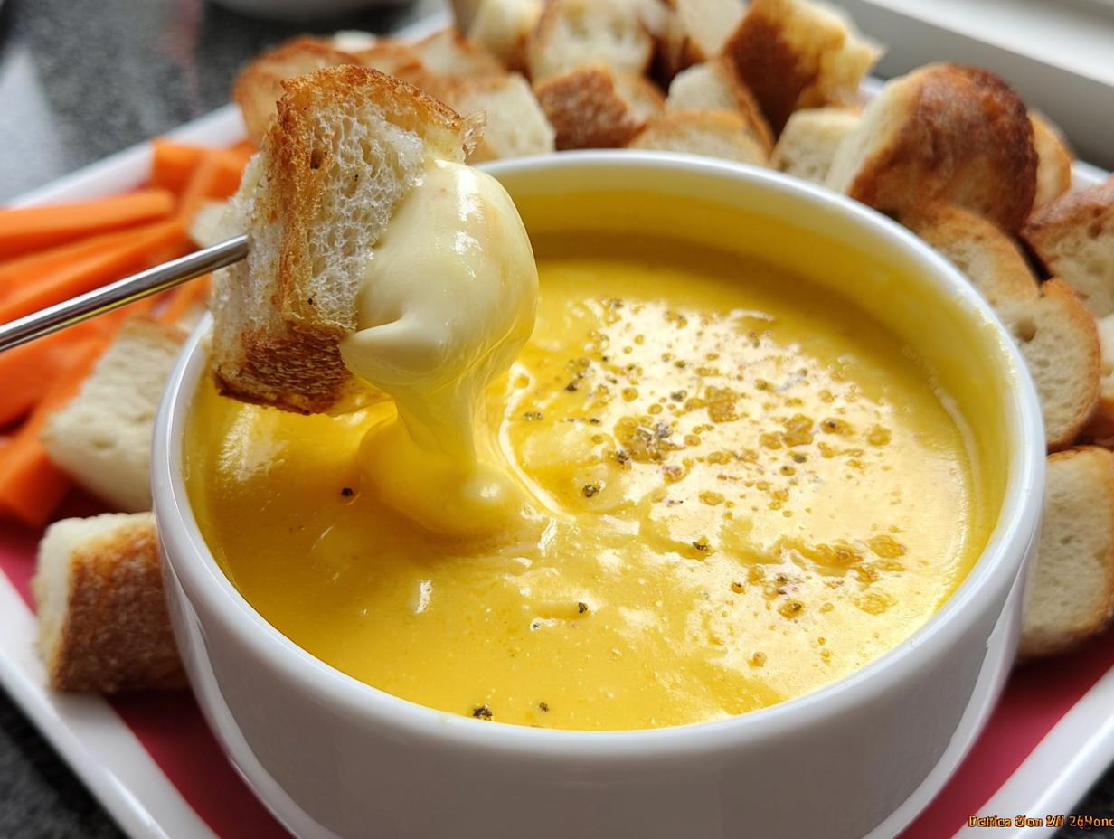 A piece of toasted bread is dipped into a bowl of rich, yellow Garlic Cheddar Cheese Fondue.