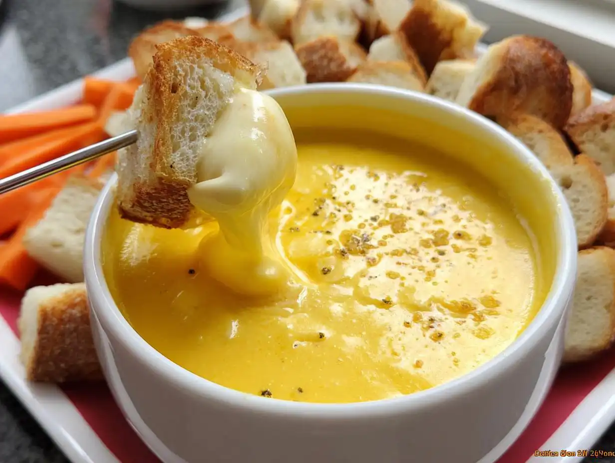A piece of toasted bread is dipped into a bowl of rich, yellow Garlic Cheddar Cheese Fondue.
