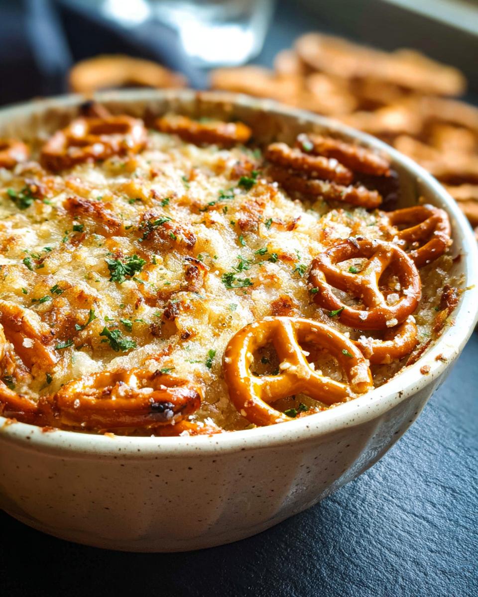Close-up of hot, baked Garlic Parmesan Pretzel Dip topped with melted cheese and whole pretzels.