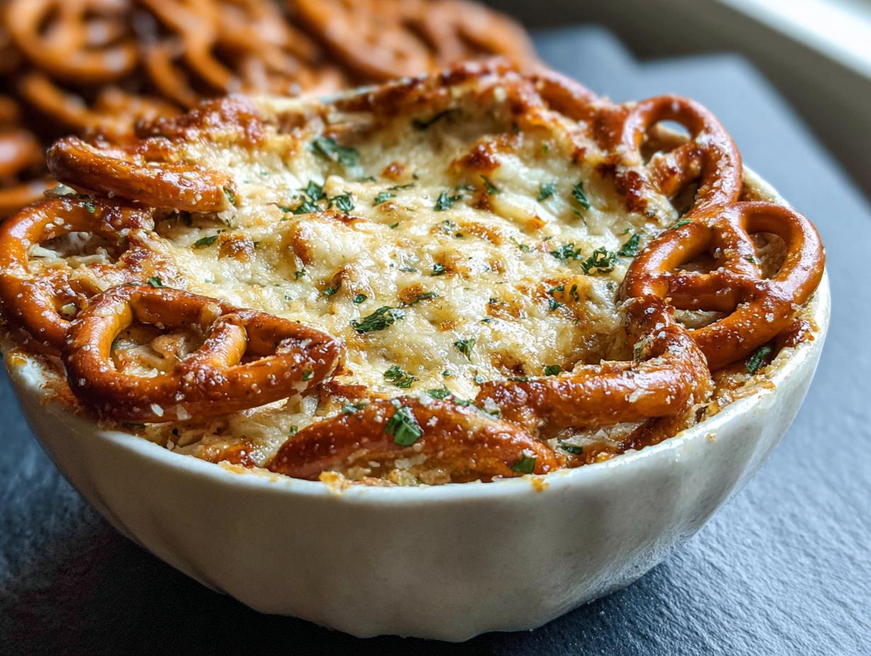 Close-up of baked Garlic Parmesan Pretzel Dip topped with melted cheese and garnished with pretzels.
