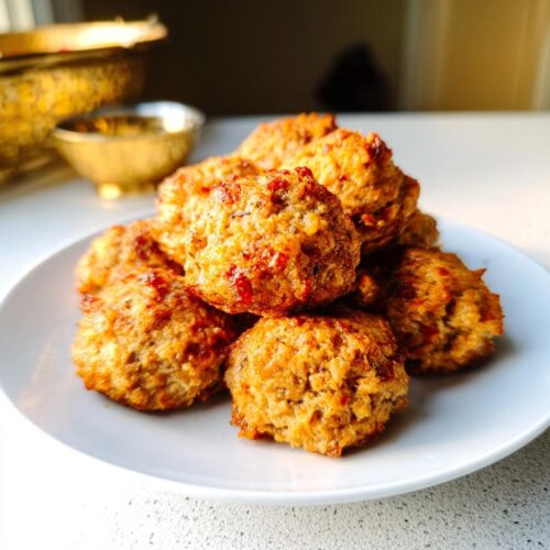 A pile of freshly baked, golden-brown Gluten-Free Rotel Sausage Balls served on a white plate.