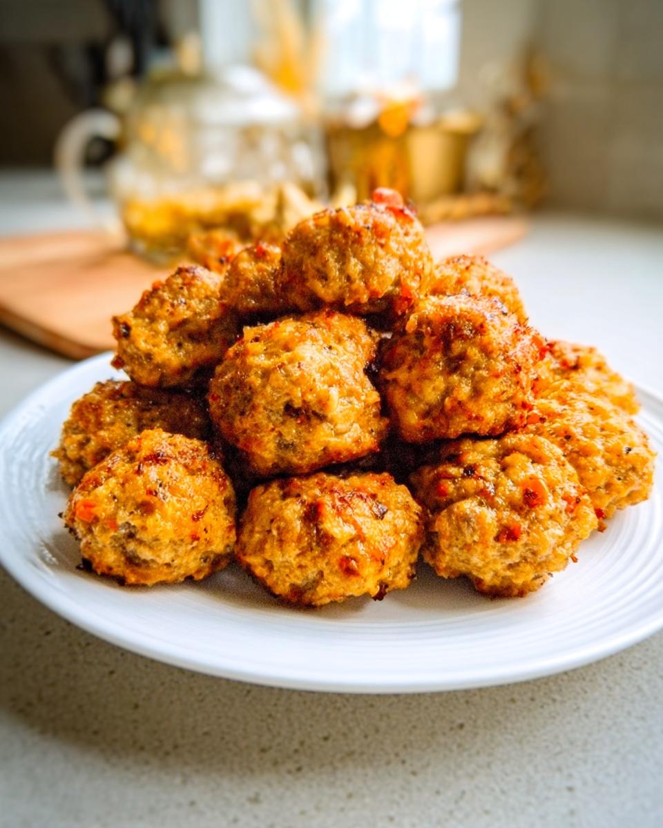 A mound of golden-brown Gluten-Free Rotel Sausage Balls piled high on a white plate.