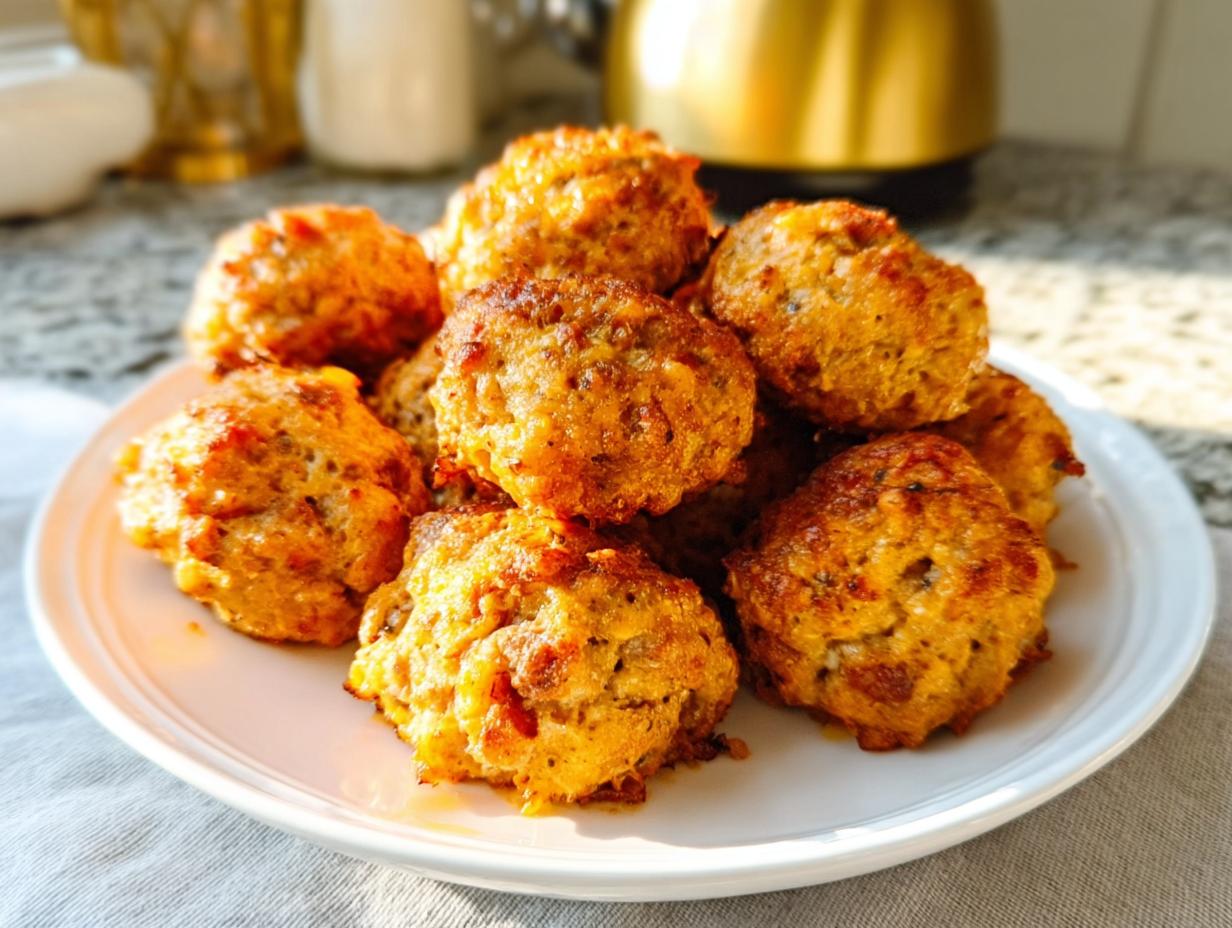 A pile of golden-brown Gluten-Free Rotel Sausage Balls served on a white plate.