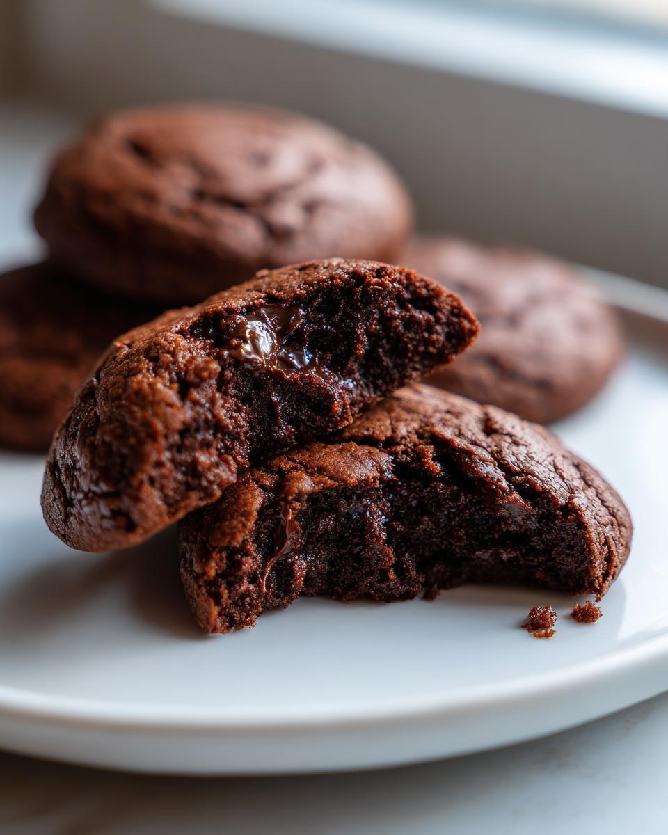 Close-up of a Chocolate Fudge Cookie broken in half revealing a molten, gooey center.
