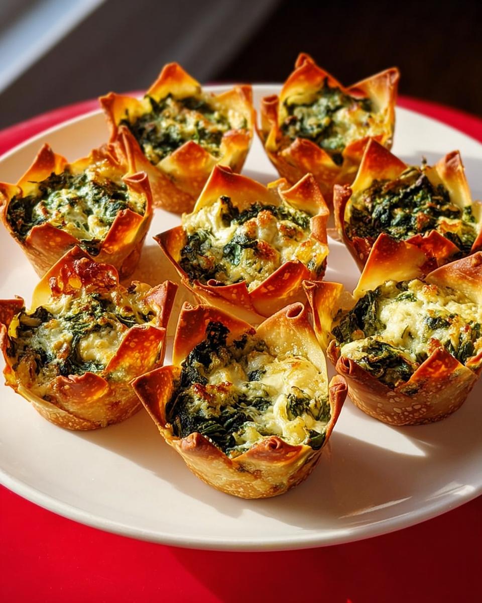 A plate of freshly baked Greek Spinach Artichoke Wonton Cups with crispy edges and a cheesy filling.
