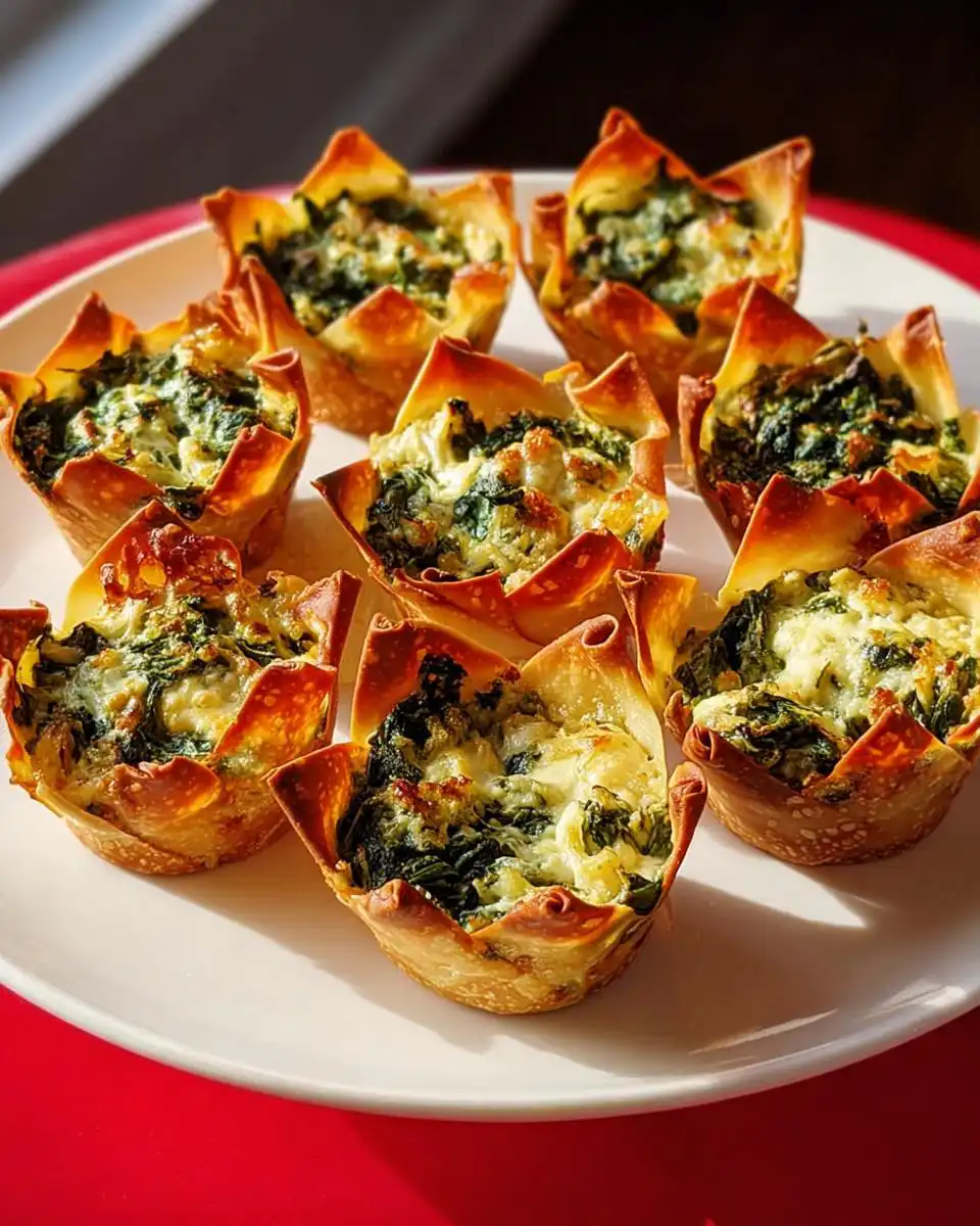 A plate of freshly baked Greek Spinach Artichoke Wonton Cups with crispy edges and a cheesy filling.