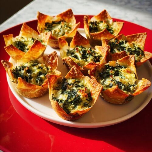 A plate of golden brown Greek Spinach Artichoke Wonton Cups filled with creamy spinach and cheese mixture.