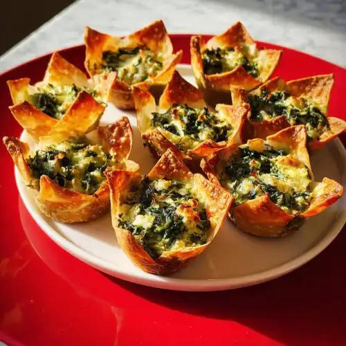 A plate of golden brown Greek Spinach Artichoke Wonton Cups filled with creamy spinach and cheese mixture.