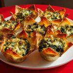 A plate of freshly baked Greek Spinach Artichoke Wonton Cups with crispy edges and creamy filling.