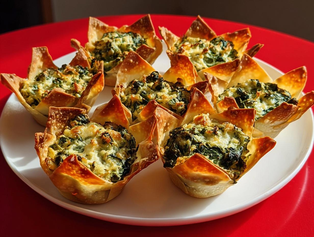 A plate of freshly baked Greek Spinach Artichoke Wonton Cups with crispy edges and creamy filling.